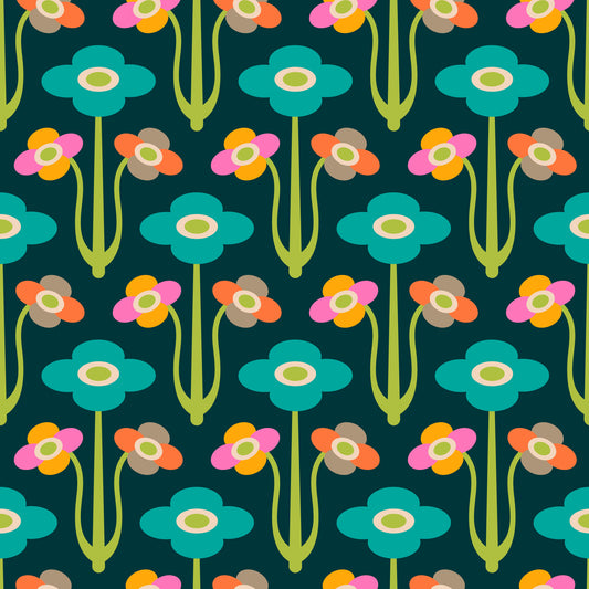 Yvette Mid Century Modern Scandi Retro Floral Rainbow Brights Dark Green Wallpaper⁠