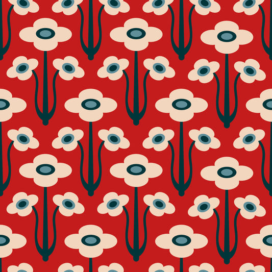 Yvette Mid Century Modern Modern SCandi Retro Floral Blue Navy Indigo White Dark Red Wallpaper⁠