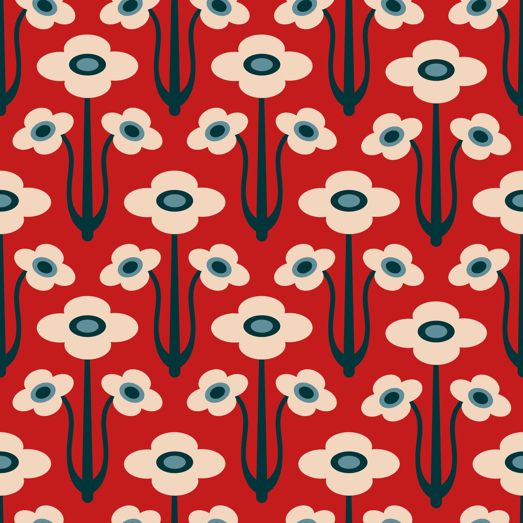 Yvette Mid Century Modern Scandi Retro Floral Blue Navy Indigo White Dark Red Wallpaper⁠