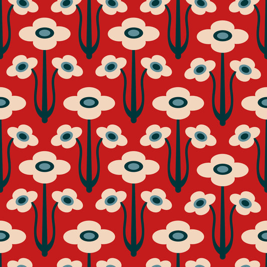 Yvette Mid Century Modern Scandi Retro Floral Blue Navy Indigo White Mark Red tapet⁠
