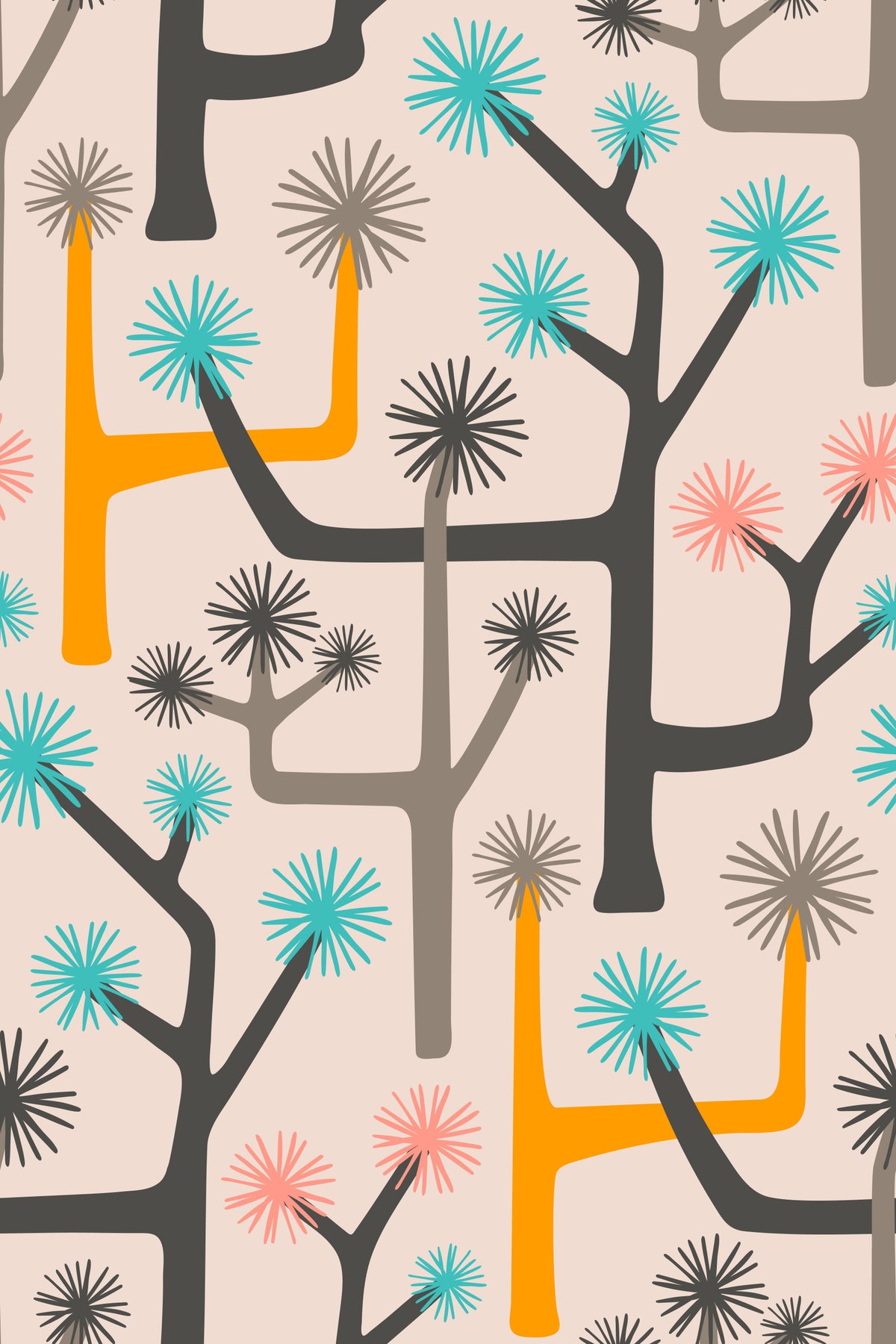 Joshua Tree Retro Mid Century Modern Desert Cactus Gray Yellow Pink Turquoise Wallpaper⁠ in your room — zoomed