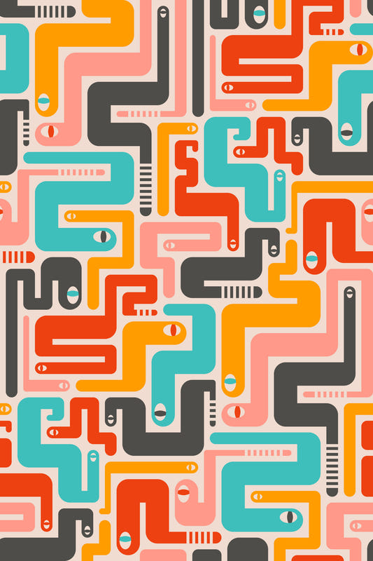 Retro rattlers öken ormar mitten av århundradet modern geometrisk grå gul rosa röd turkosa tapet⁠