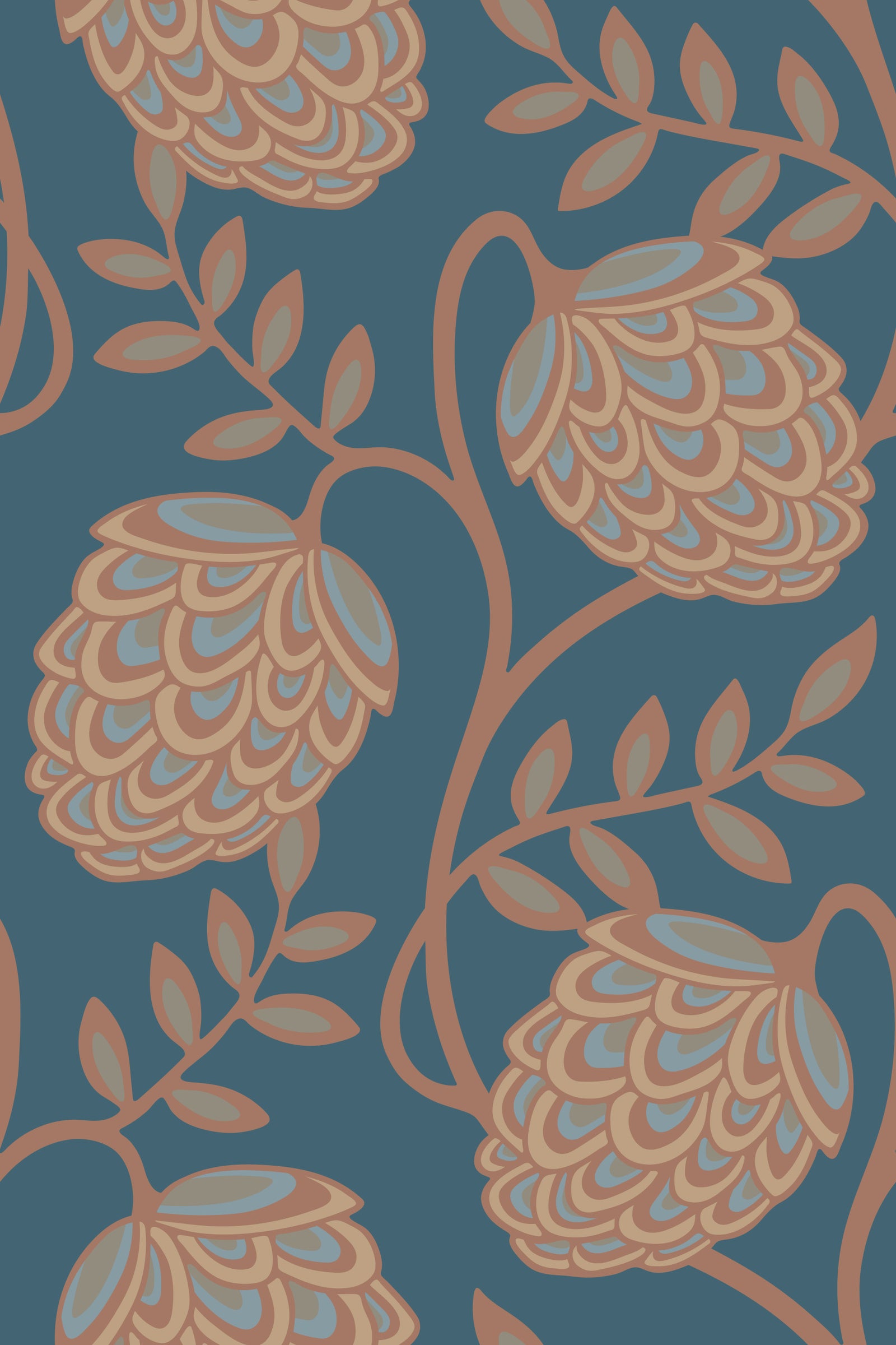 Fantasia floral botanical moderne art nouveau mocha moka mousse brun beige bleu fond d'écran⁠