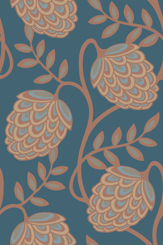 Fantasia blomster botanisk moderne kunst nouveau mocha mousse brun beige blå tapet⁠
