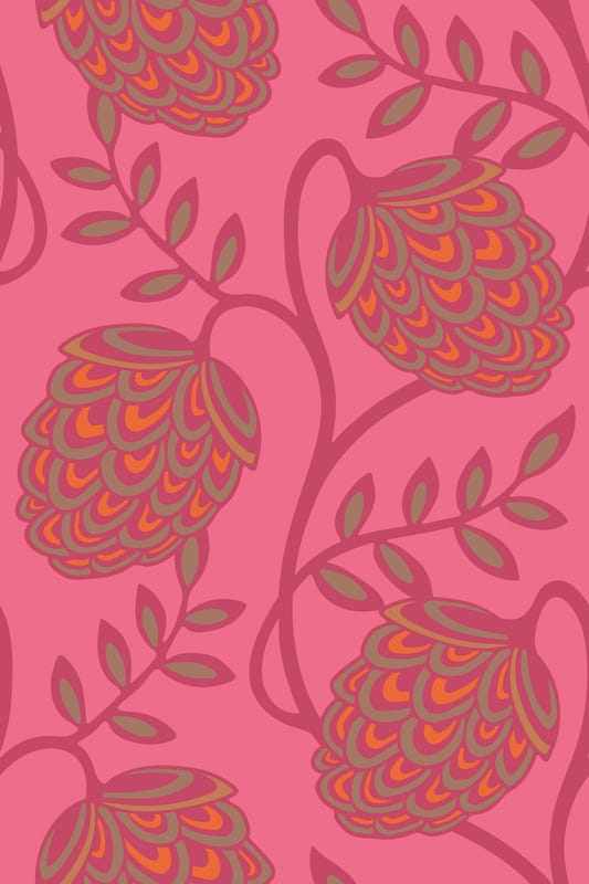 Fantasia Floral Botanical Modern Art Nouveau Magenta Orange Pink Wallpaper⁠