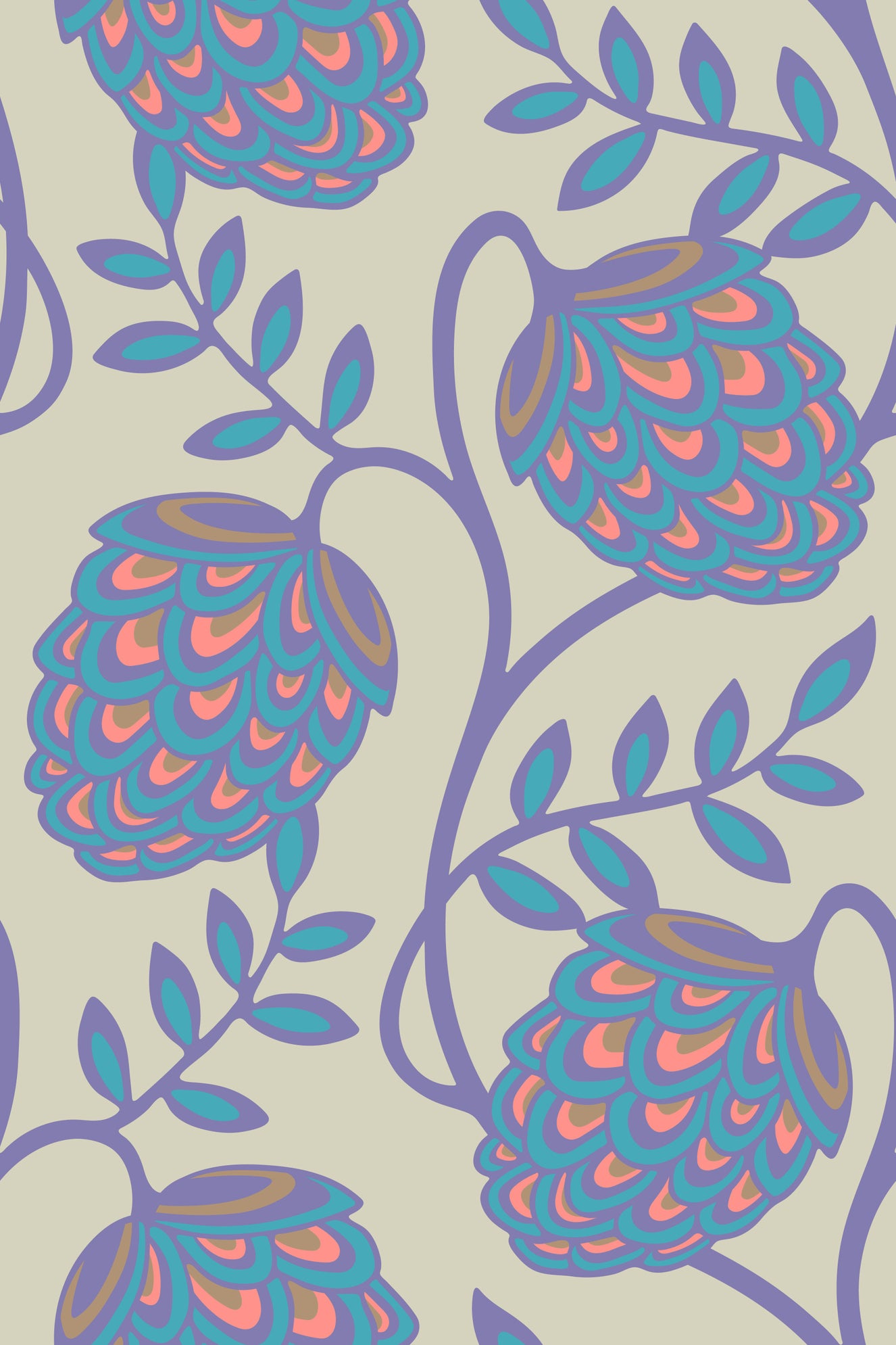 Fantasia Floral Botanical Modern Art Nouveau Pastel Lavender Purple Pink Blue Cream Wallpaper⁠