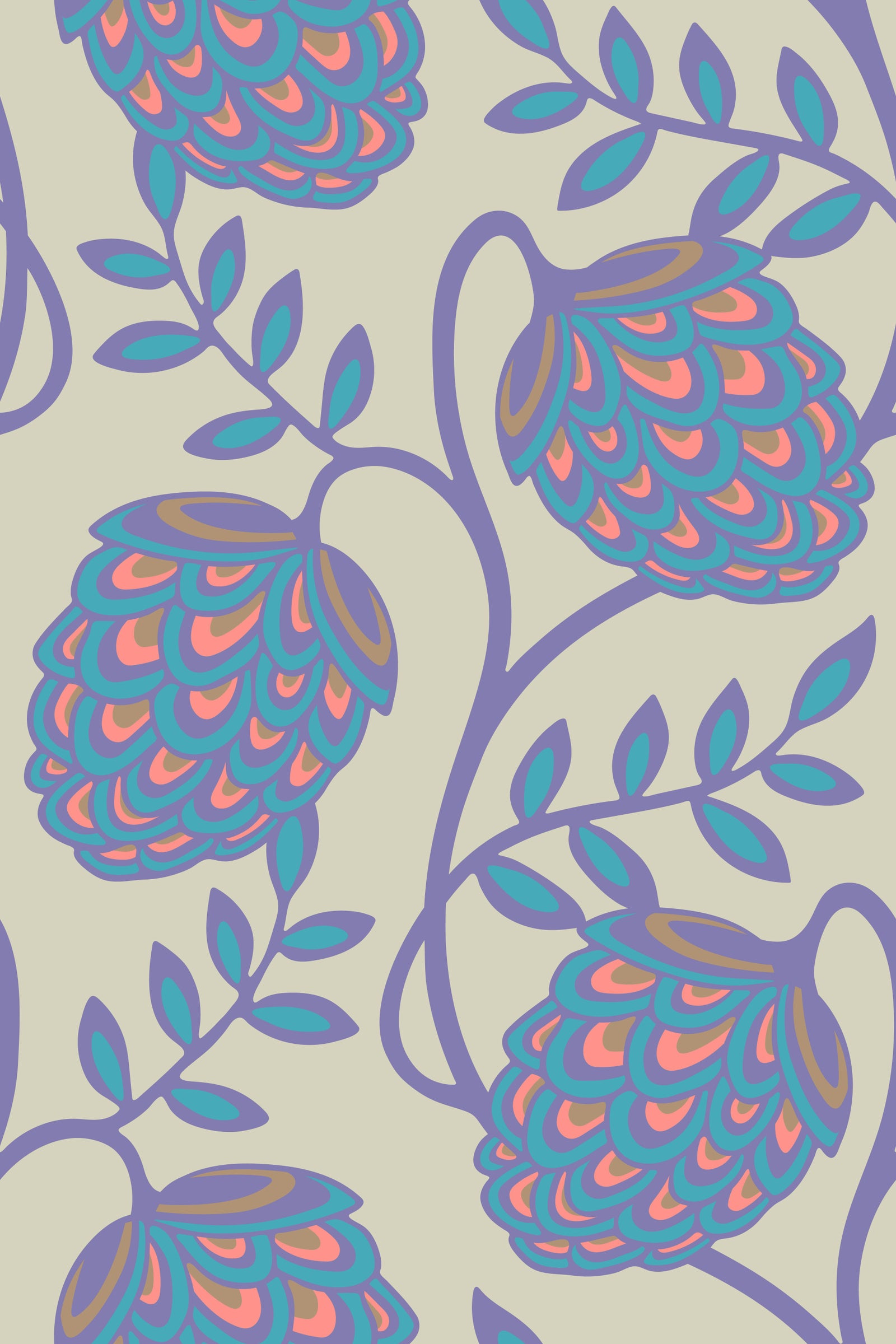 Fantasia Floral Botanical Modern Art Nouveau Pastel Lavender Purple Pink Blue Cream Wallpaper⁠