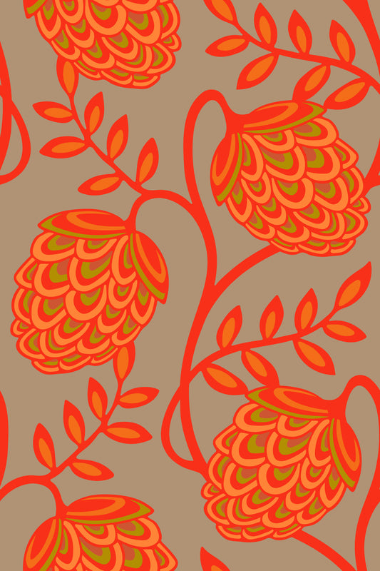 Fantasia blomster botanisk moderne kunst nouveau koral orange beige tapet⁠