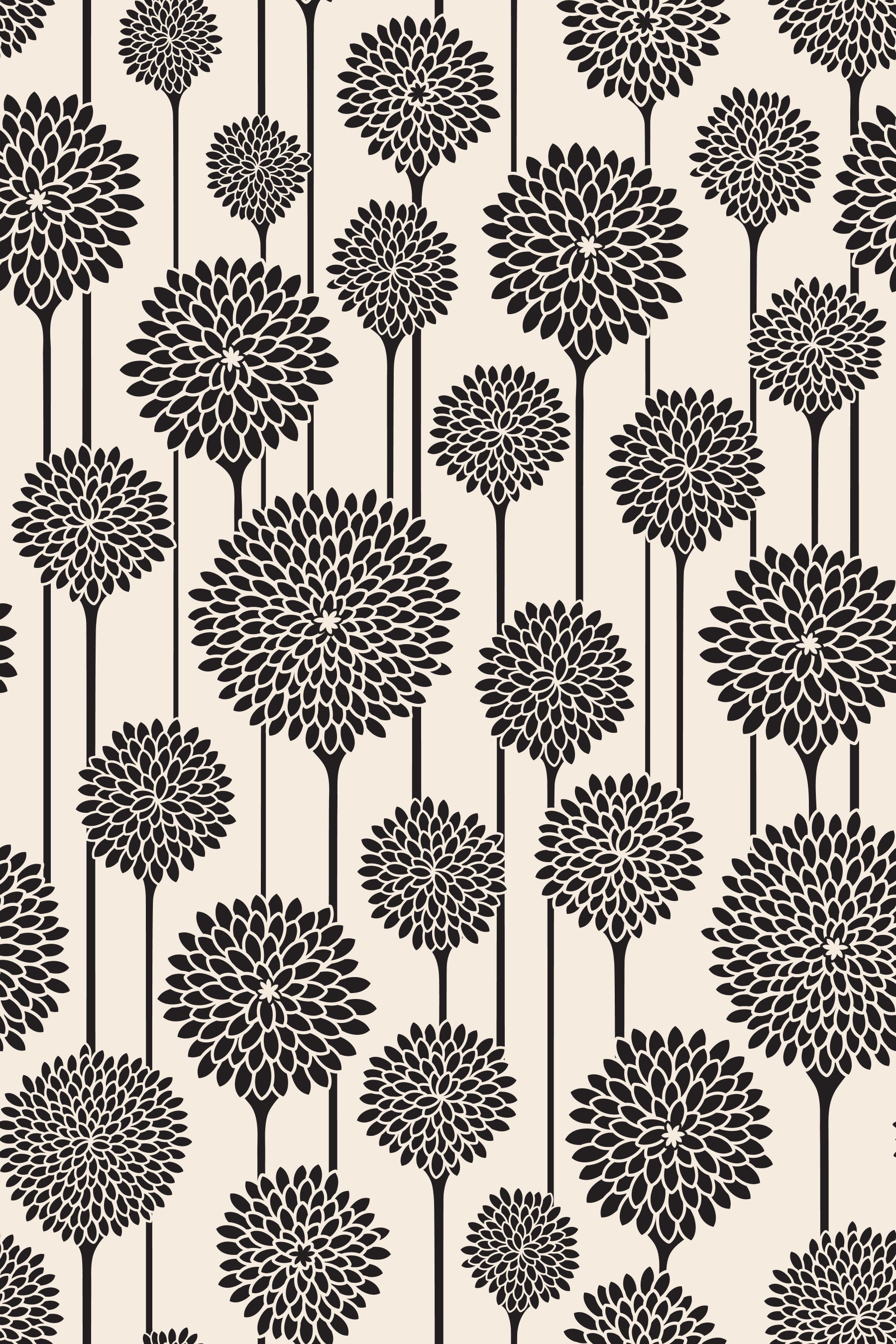 Garden Beauties Vintage Retro Scandi Floral Botanical Stripe Black and White Wallpaper⁠ in your room — zoomed
