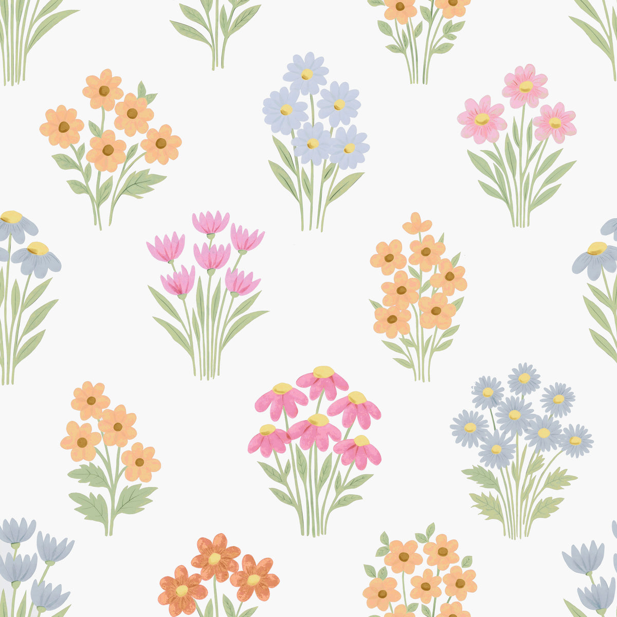 Whimsical Pastel Flowers Cottagecore Folk Floral Bouquet Wallpaper⁠ in your room