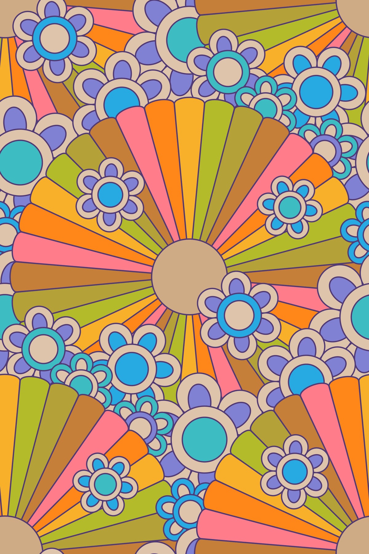 Far Out Flowersレトロサイケデリック1970年代花柄のサンバーストグルーヴィーレインボーカラー壁紙⁠ in your room