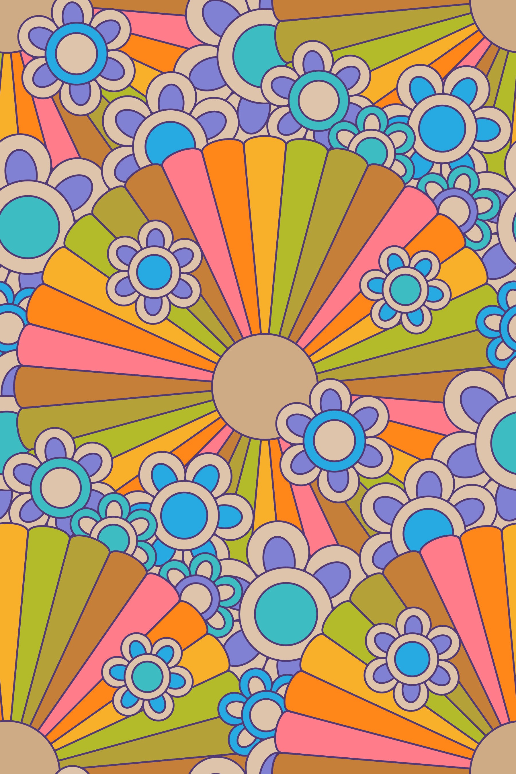 Far Out Flowersレトロサイケデリック1970年代花柄のサンバーストグルーヴィーレインボーカラー壁紙⁠ in your room — zoomed