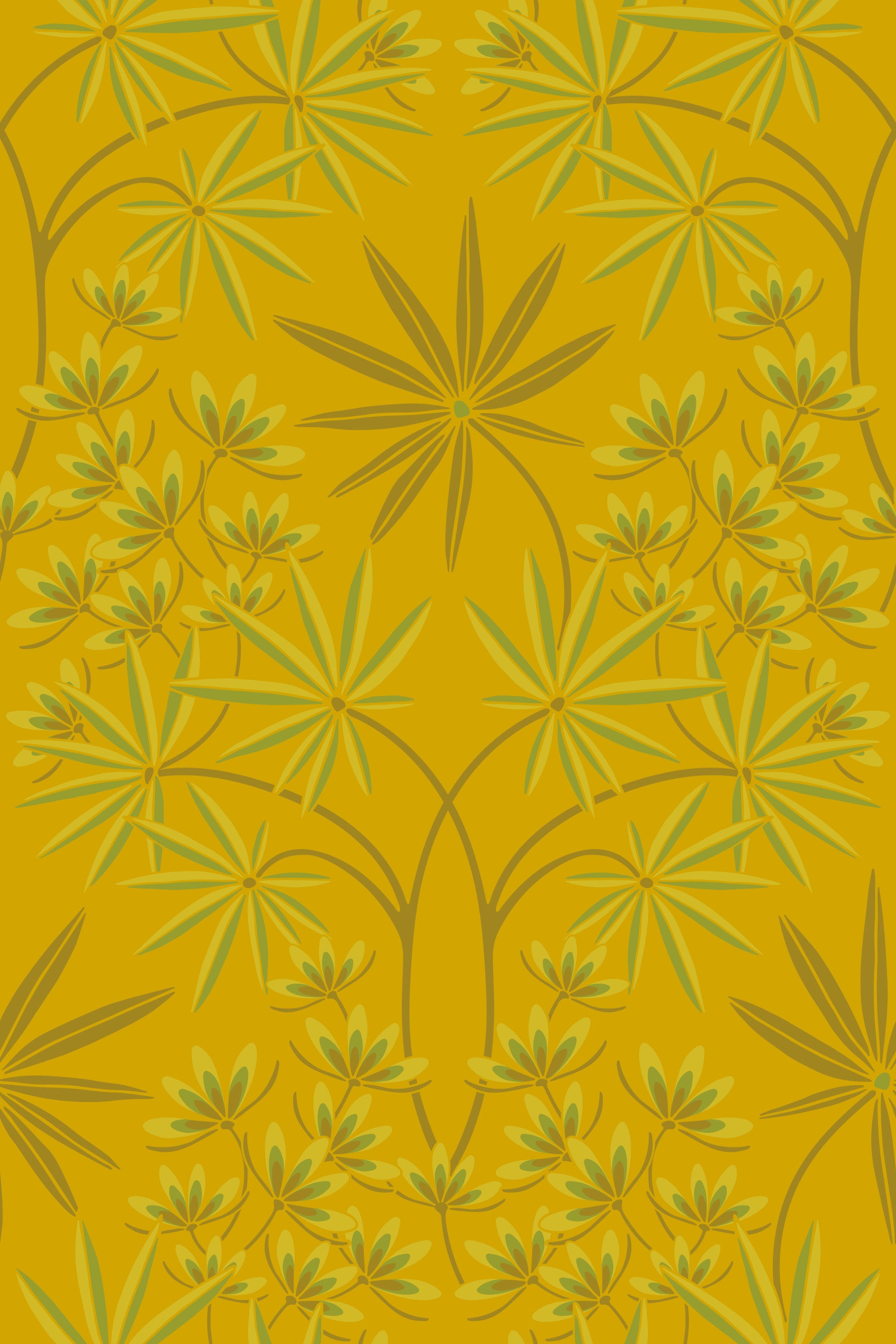 Glamour Floral Damask Maximalist Green Deep Yellow Wallpaper⁠