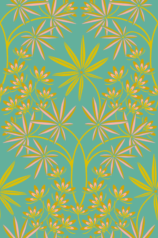 Glamour floral damasque maximaliste jaune turquoise peint