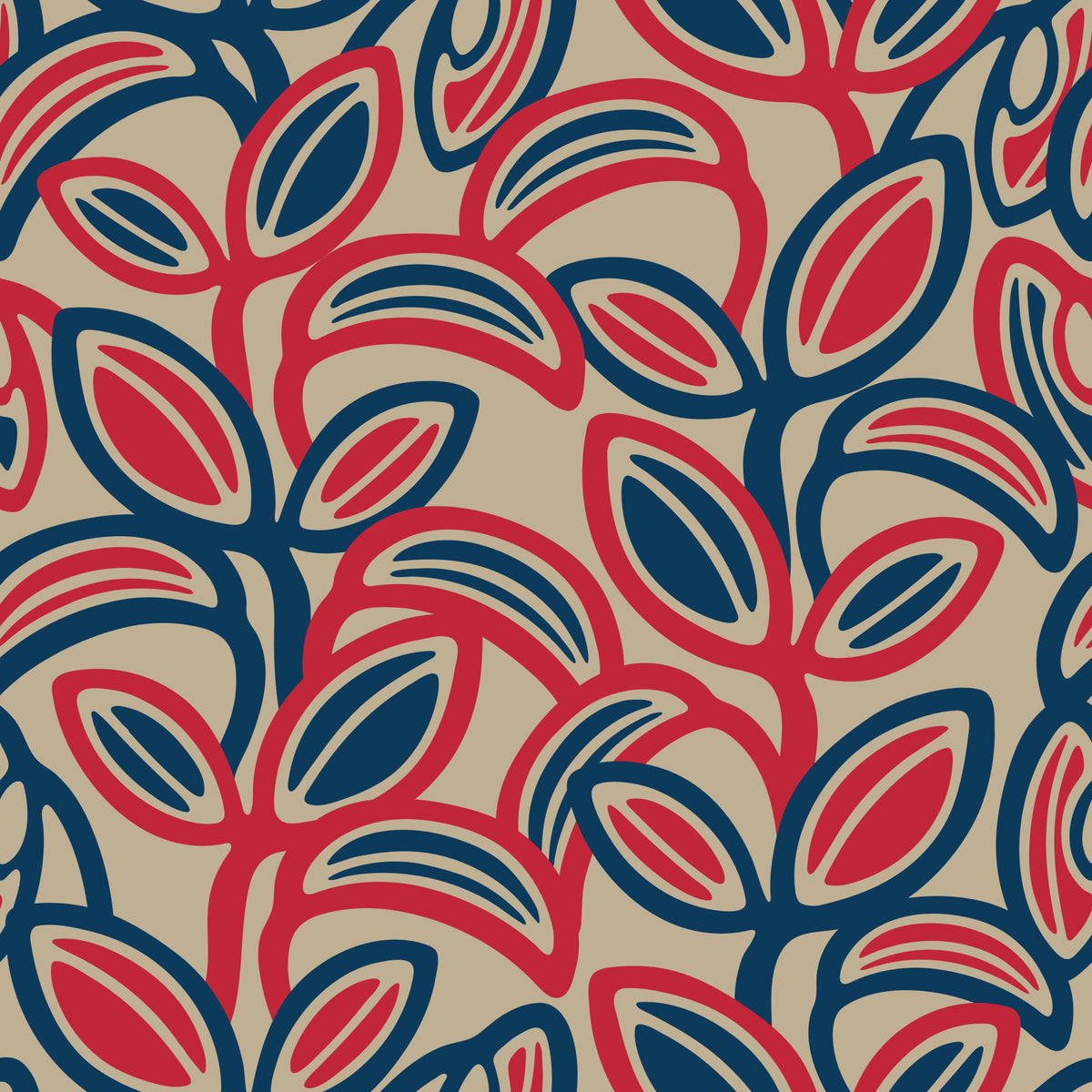 Leaf Laugh Love Groovy Retro Mid Century Leaves Red Navy Blue Beige Wallpaper⁠