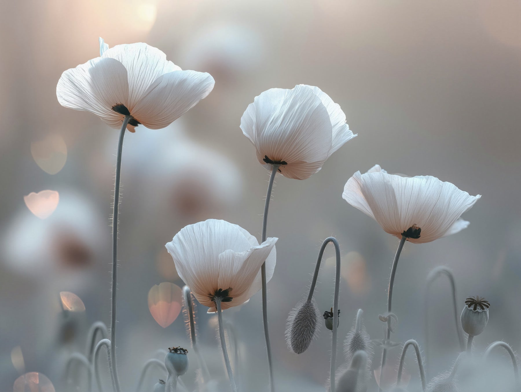 Grillige witte papavers muurschildering