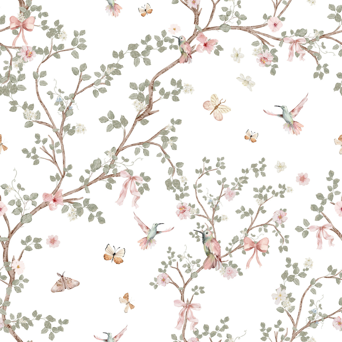 Kukka kuiskata kolibrit Chinoiserie Garden Wallpaper⁠