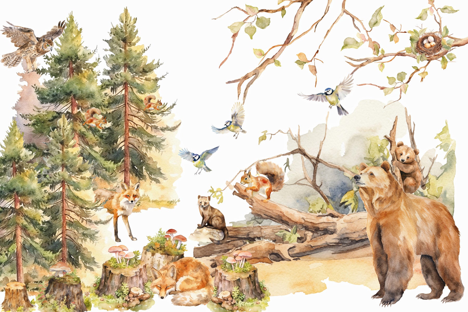 Forest Friends Watercolor Wall Mural