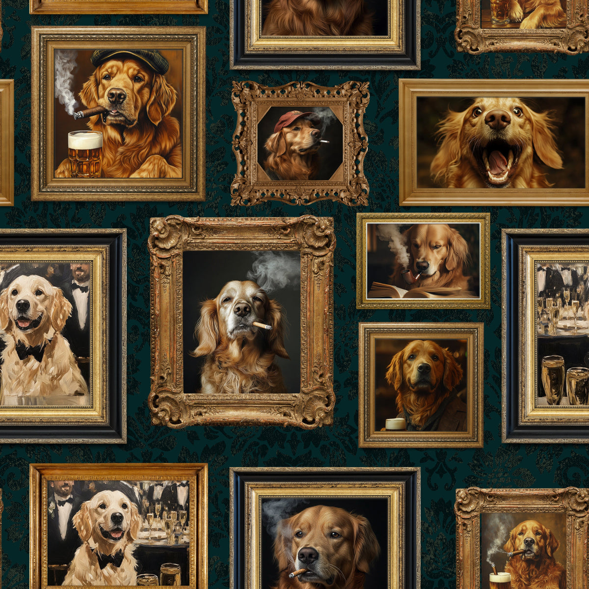 Galerijachtergrond met rokende poten van een Golden Retriever in your room — zoomed
