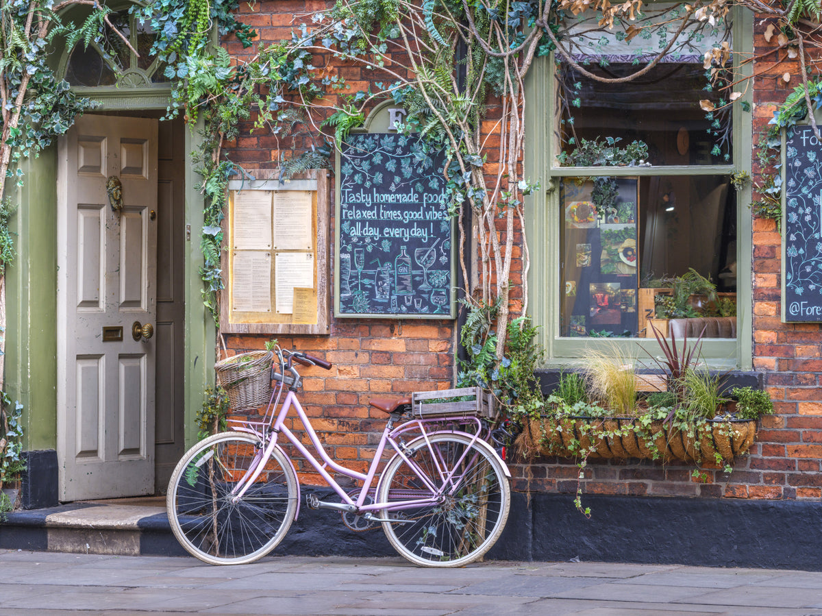 Cozy Cafe with Pink Bicycle Wall Mural