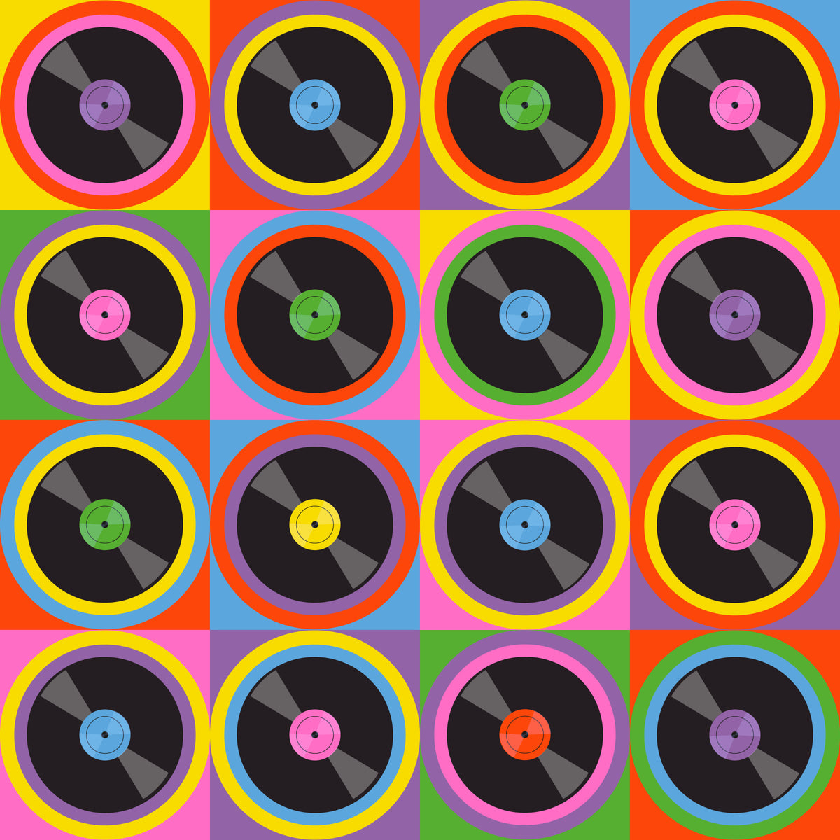 Bold Retro Pop Art 70s Vinyl Record Wallpaper⁠ in your room — zoomed