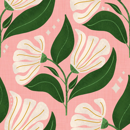 Retro 70 -tals gräddeblommor på avokadorosa - djärva vintage blommor tapeter⁠