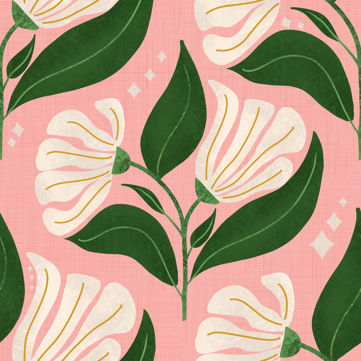 Retro 70S Cream Florals Avokado Pink - Bold Vintage Flowers Taustakuva⁠