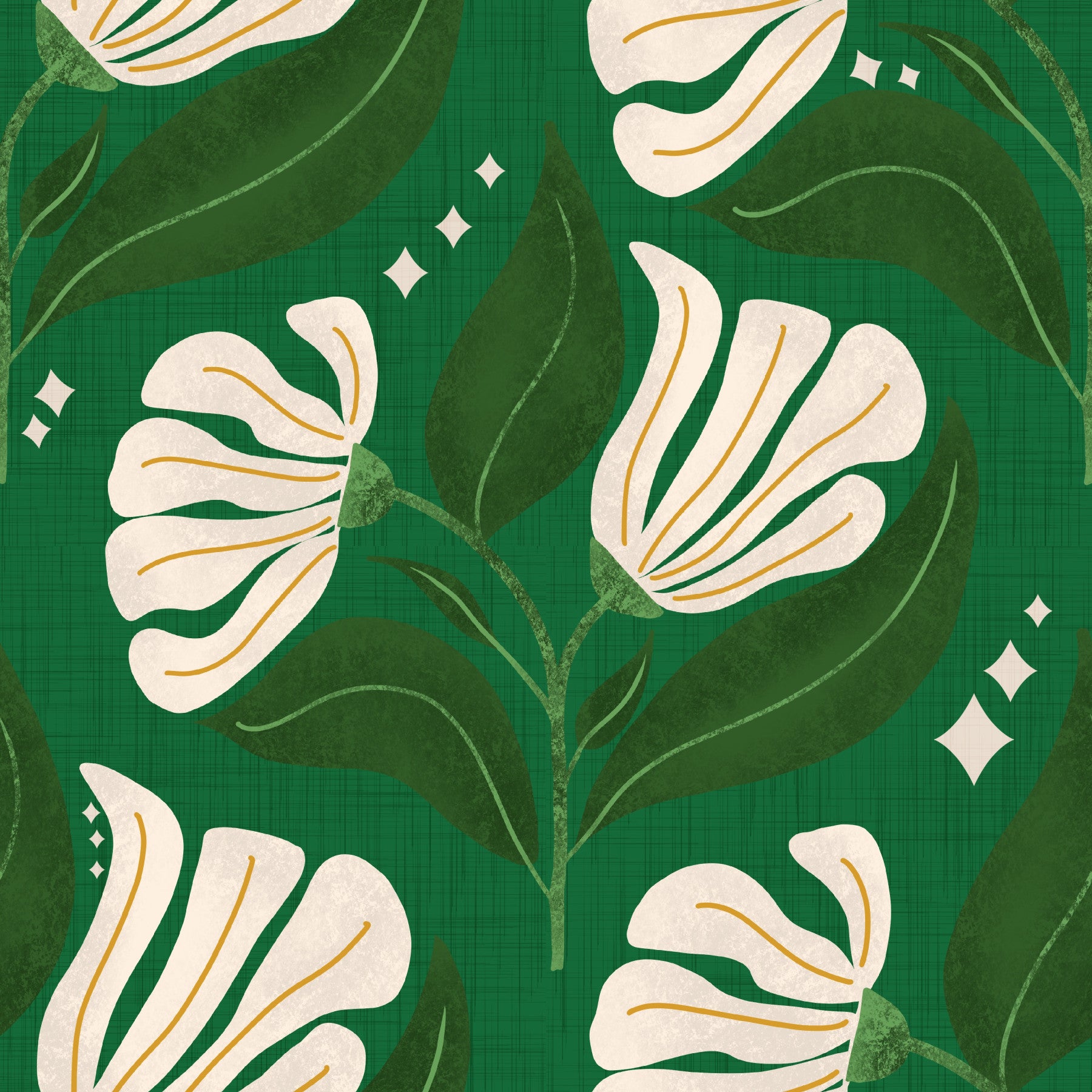 Retro 70s Creme Blumen auf Avocado Deep Green - kühne Vintage -Blumen