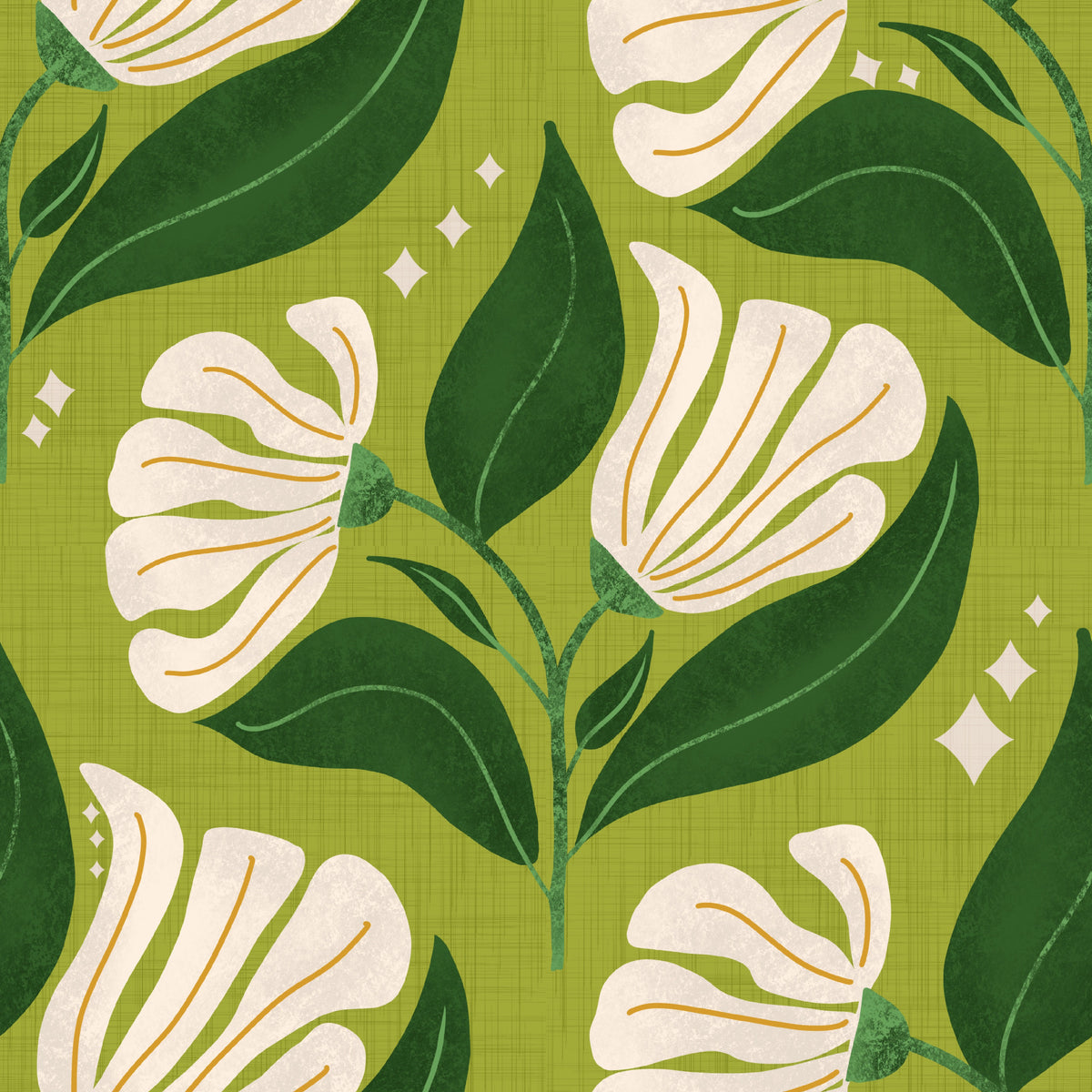 Retro 70s Creme Blumen auf Avocado Green - kühne Vintage Blumen Wallpaper⁠