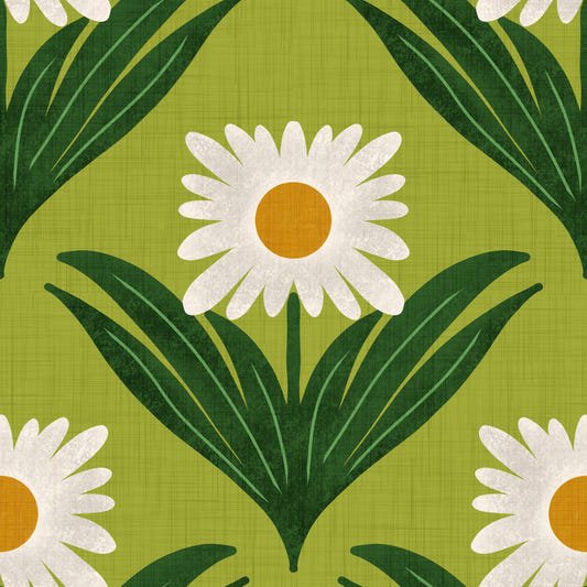 Carta da parati floreale retrò anni '70 con margherite su verde avocado - Mod Flower Wallpaper