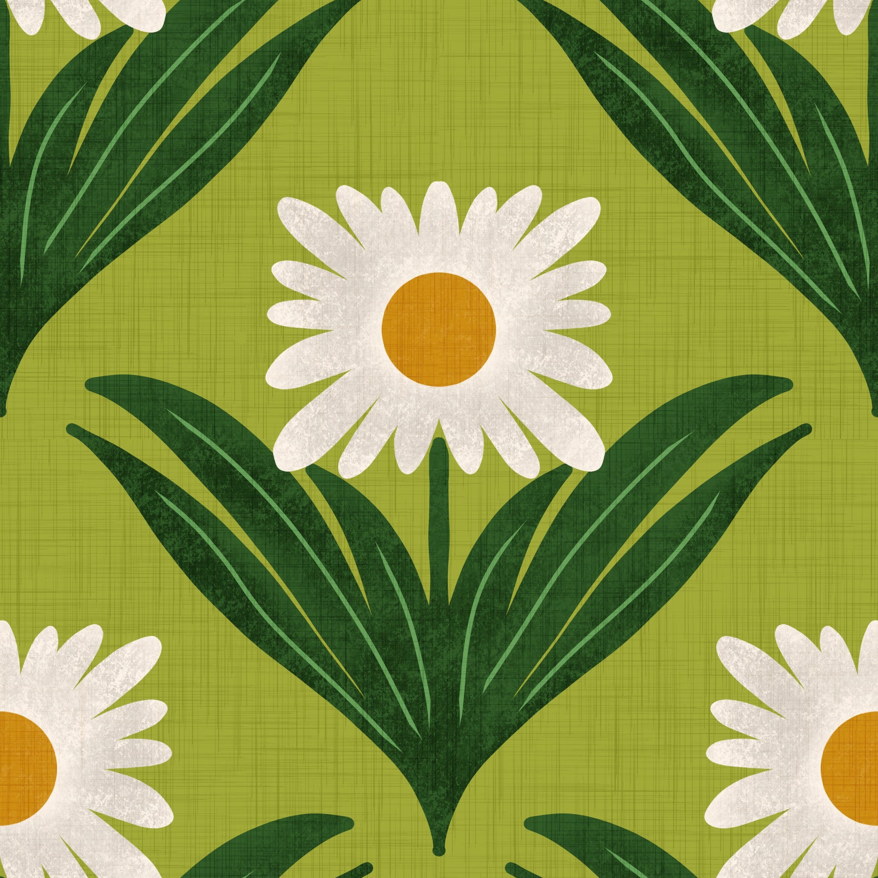 Retro 70s Daisy Floral on Avocado Green - Mod Flower Wallpaper⁠