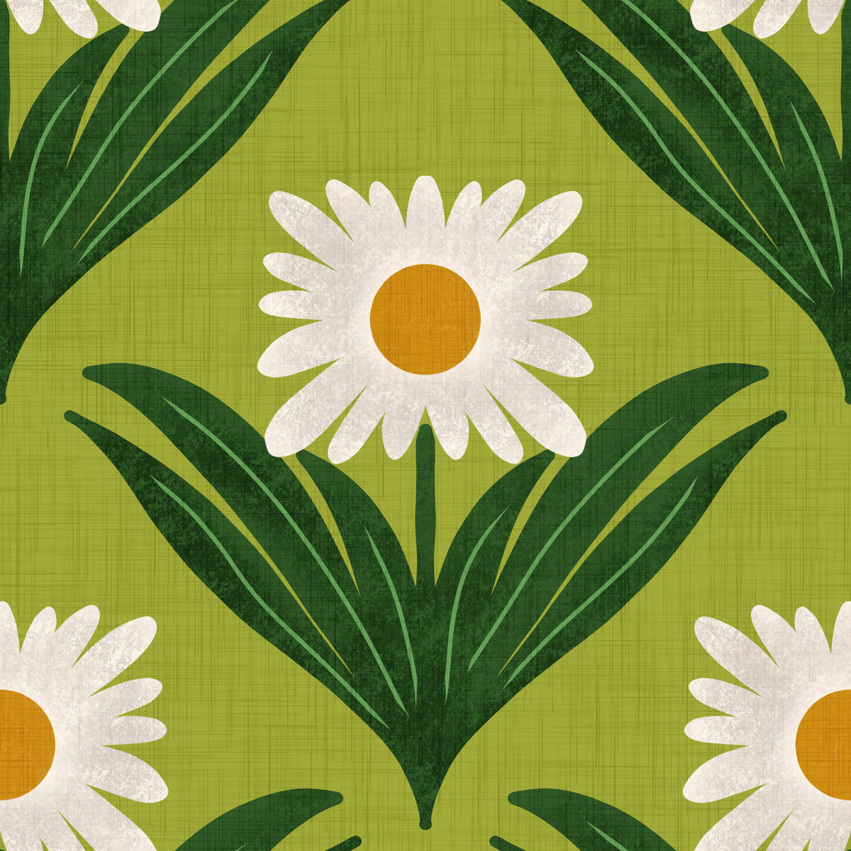 Papier peint floral rétro années 70 à motif marguerites sur fond vert avocat - Papier peint fleuri moderne in your room — zoomed