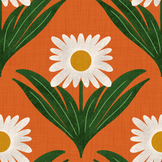 Retro-70er-Jahre-Gänseblümchenmuster auf Orange - Modische Blumentapete