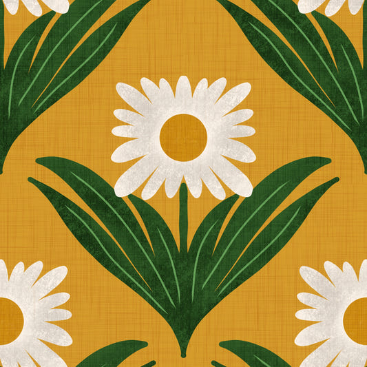 Papier peint floral rétro années 70 à motif marguerites sur fond jaune - Papier peint fleuri moderne