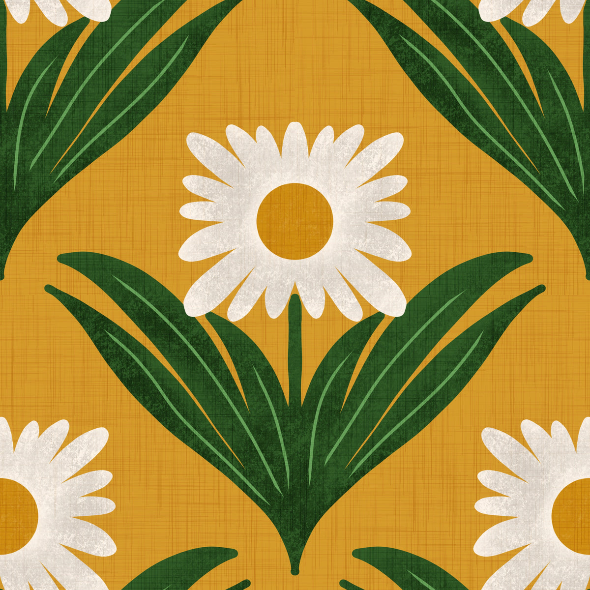 Retro-70er-Jahre-Gänseblümchenmuster auf Gelb – Modische Blumentapete in your room — zoomed
