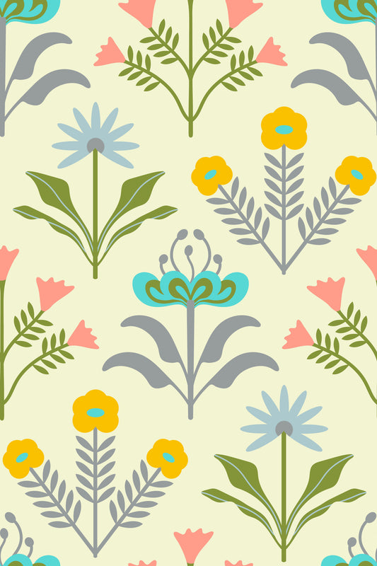 Lora Mitte des Jahrhunderts Moderner Scandi Retro Blumenhaus Pastellgelbe Creme Tapete⁠