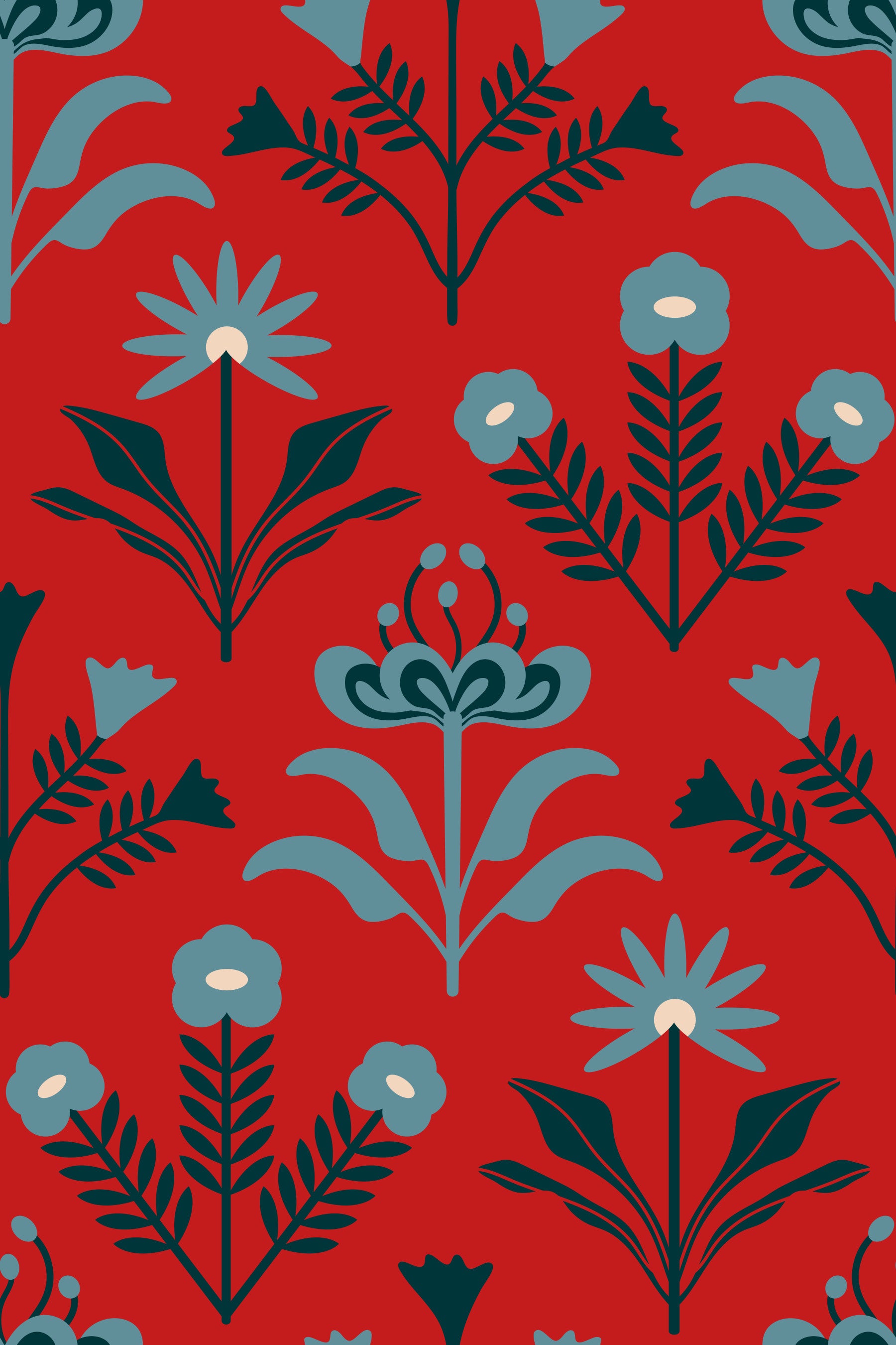 Lora Mid Century Modern Scandi Retro Floral Blue Navy Indigo White White Red Red Tappper⁠
