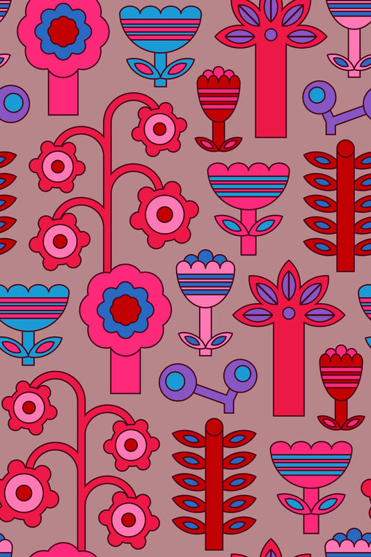 Magic Garden Retro Scandi Flowers Geometric Floral Cherry Red Pink Wallpaper⁠