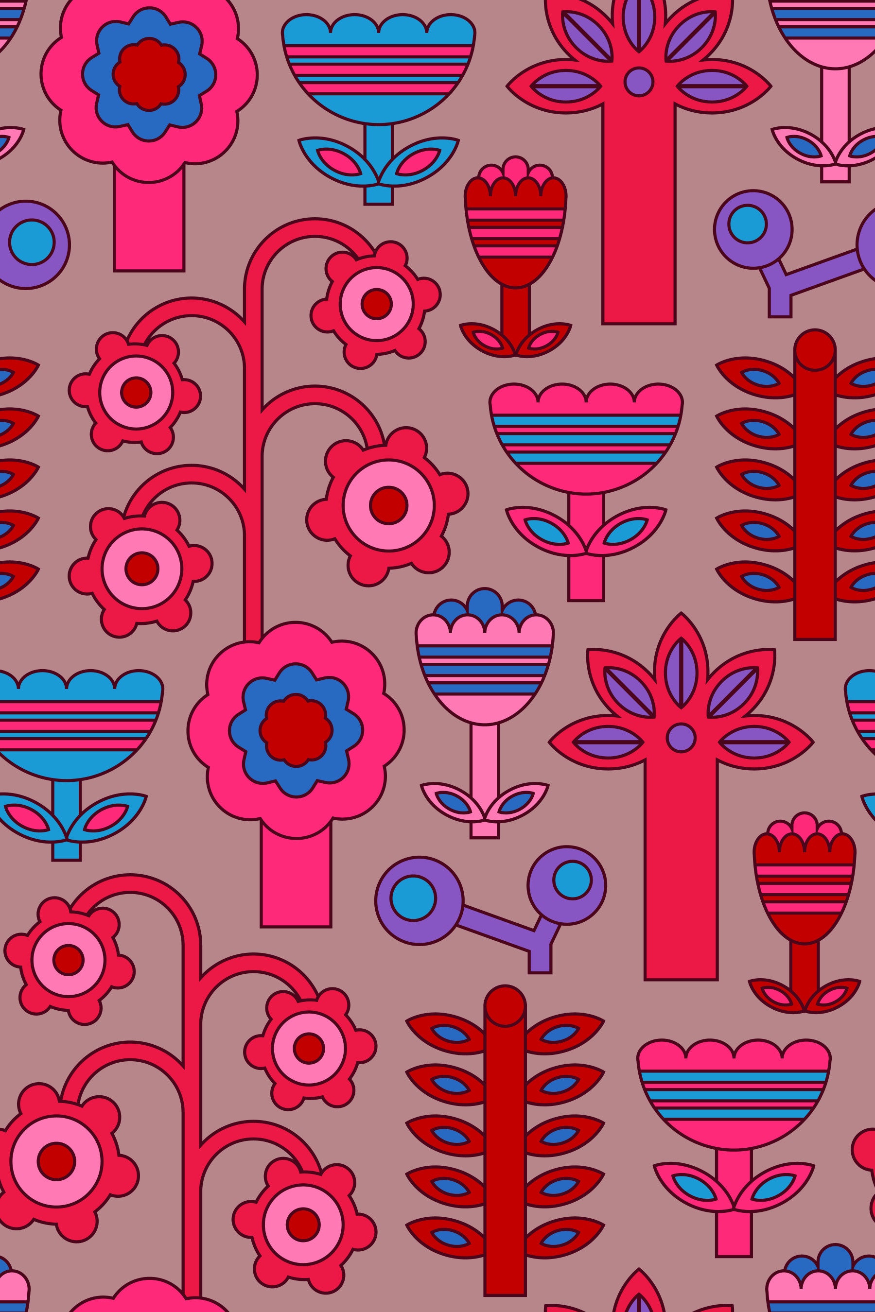 Magic Garden Retro Scandi Flowers Geometrisk blomster kirsebærrød lyserød tapet⁠