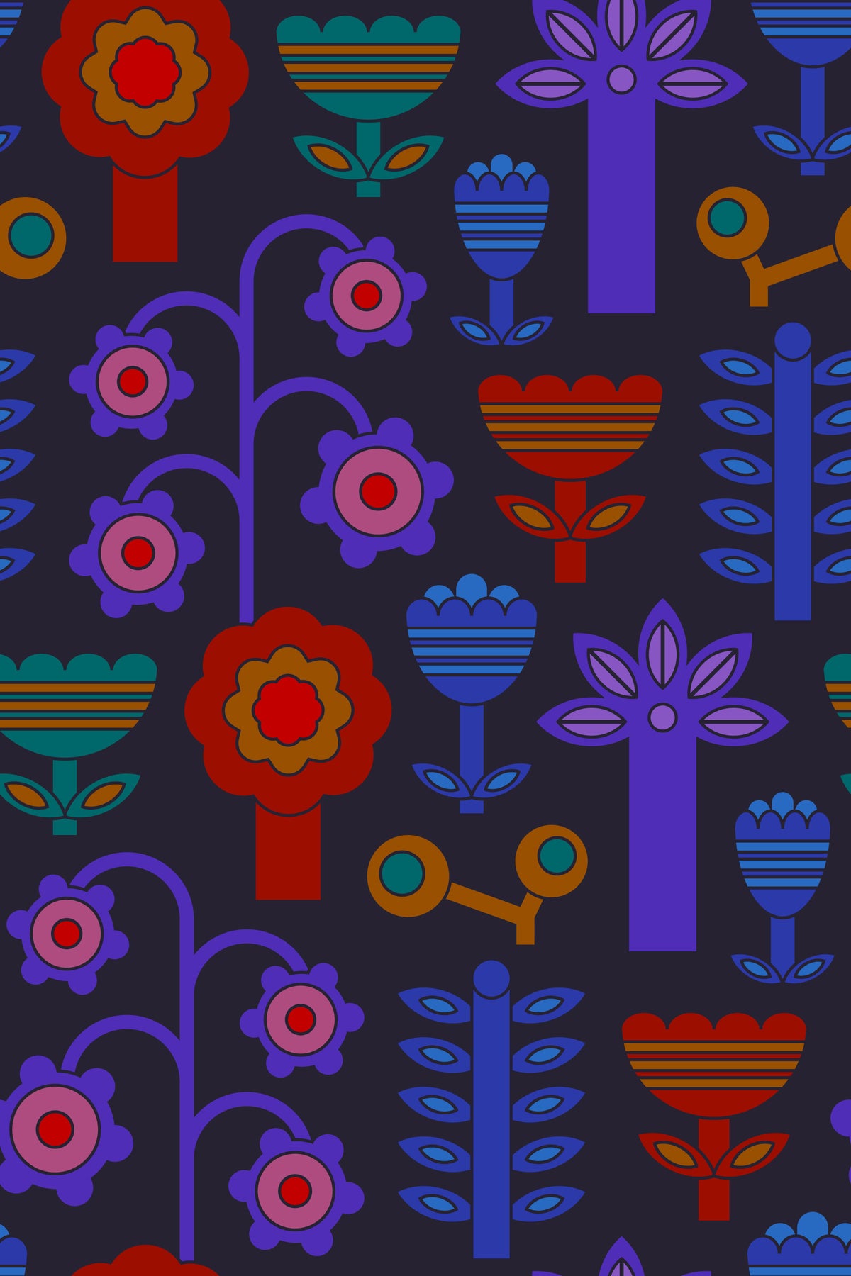 Magic Garden rétro Scandi Fleurs Géométrique Floral Brights Brights Wallpaper Dark⁠ in your room