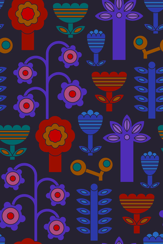 Magic Garden Retro Scandi Flowers Geometrisches Blumenjuwel helles dunkler Tapete⁠