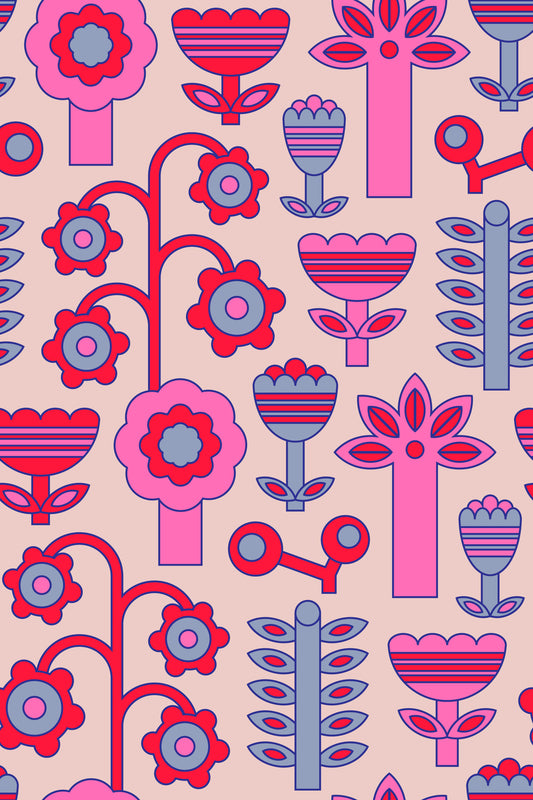 Magic Garden Retro Scandi Flowers Geometrisk blomster smuk lyserød rød tapet⁠