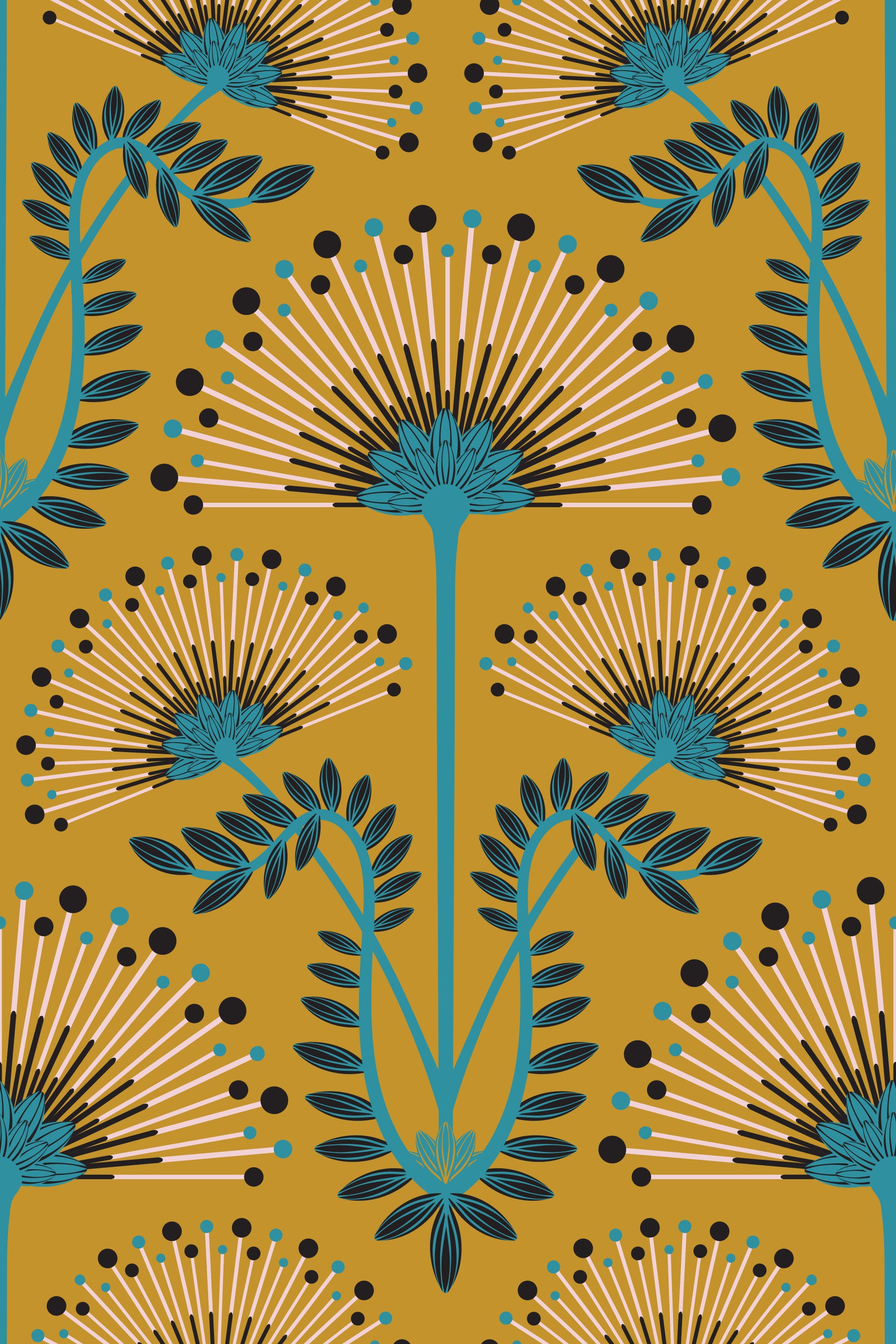 Mimosa Art Deco Floral Botanical Damask Blå sort sennep gul tapet⁠