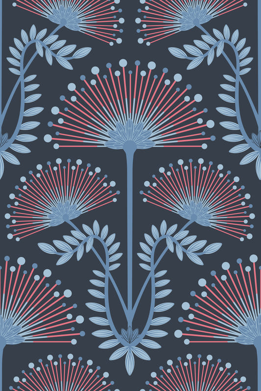 Mimosa Art Deco Blumenbotanische Damast Rotpulver Blue Navy Wallpaper⁠