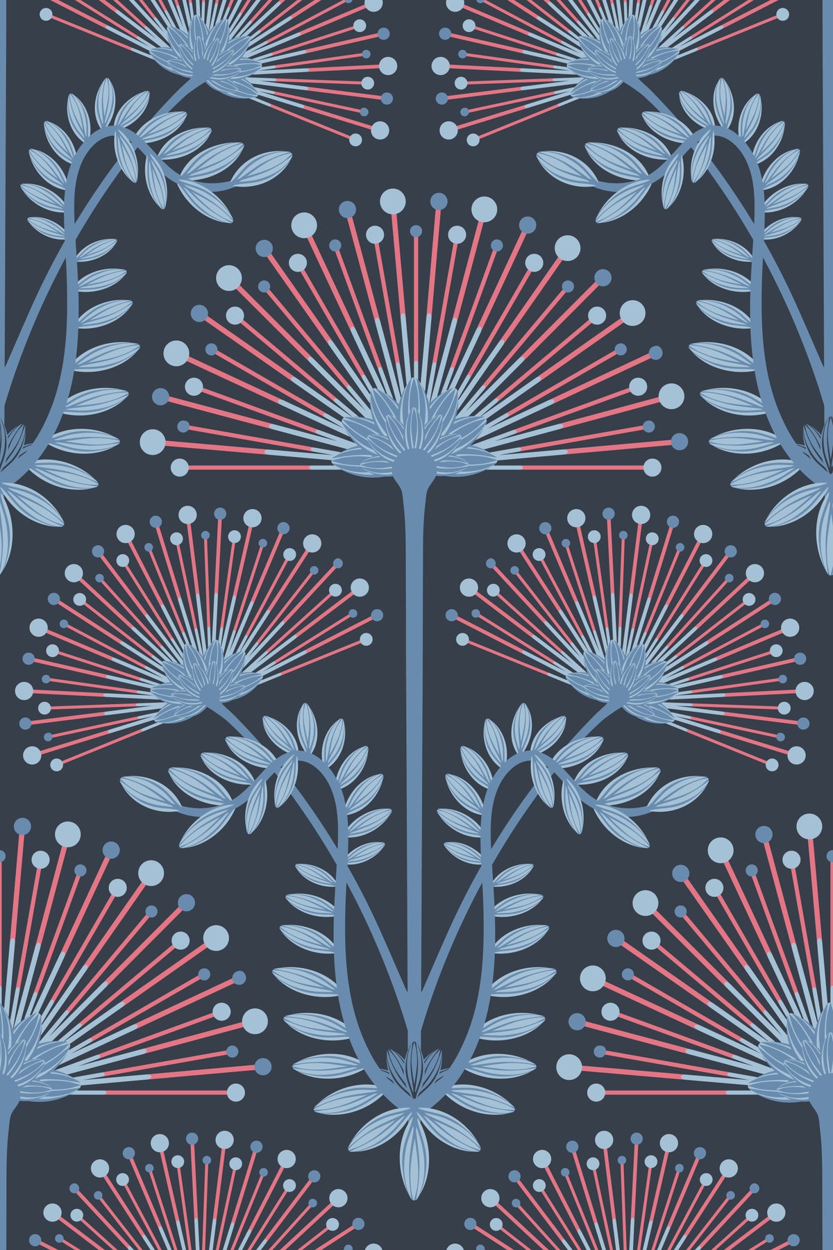 Mimosa Art Deco Blumenbotanische Damast Rotpulver Blue Navy Wallpaper⁠ in your room — zoomed