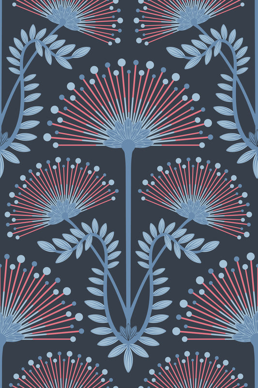 Mimosa Art Deco Blumenbotanische Damast Rotpulver Blue Navy Wallpaper⁠