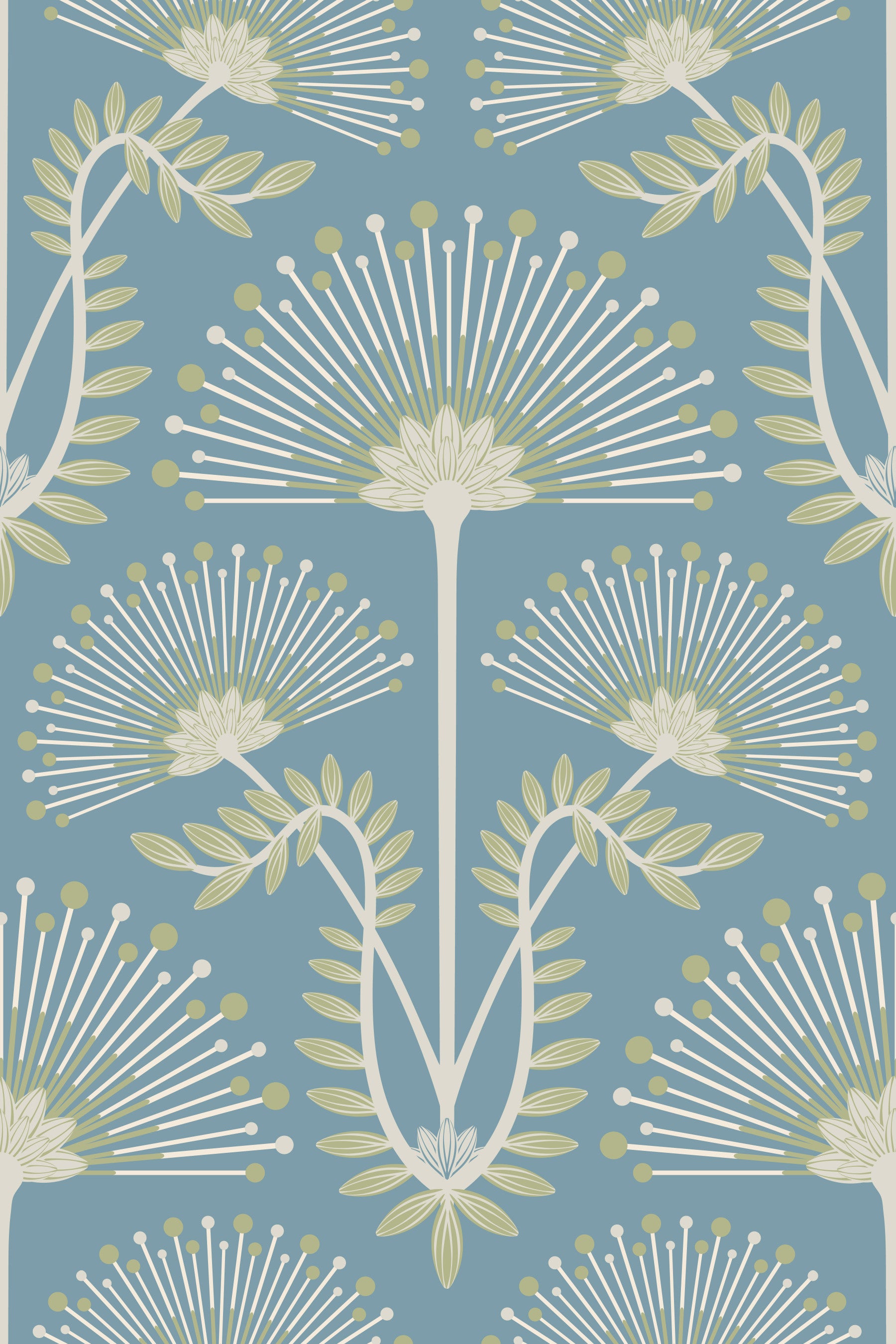 Mimosa Art Deco kukka kasvitieteellinen damaskin salvia vihreä valkoinen vaaleansininen taustakuva⁠