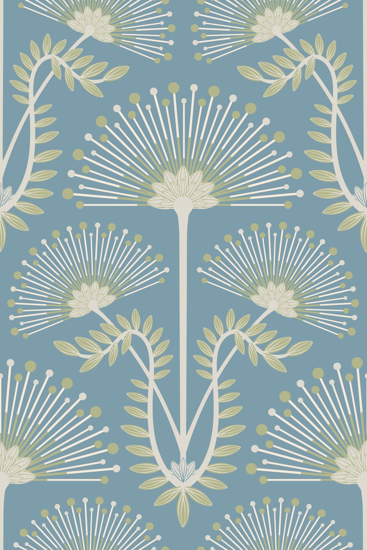 Mimosa Art Deco Floral Botanical Damask Sage Green White Light Blue Wallpaper‚Å† in your room — zoomed