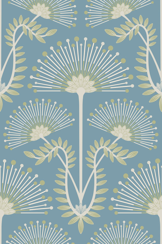 Mimosa Art Deco Blumenbotanische Damast Salbei grün weiß hellblau wallpaper⁠