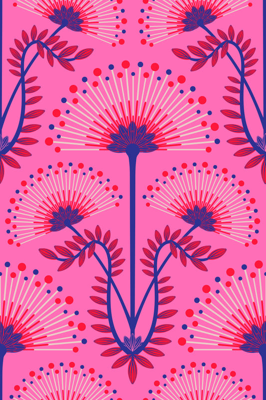 Mimosa Art Deco Floral Botanische Damask Pink Red Blue Fuchsia Wallpaper⁠